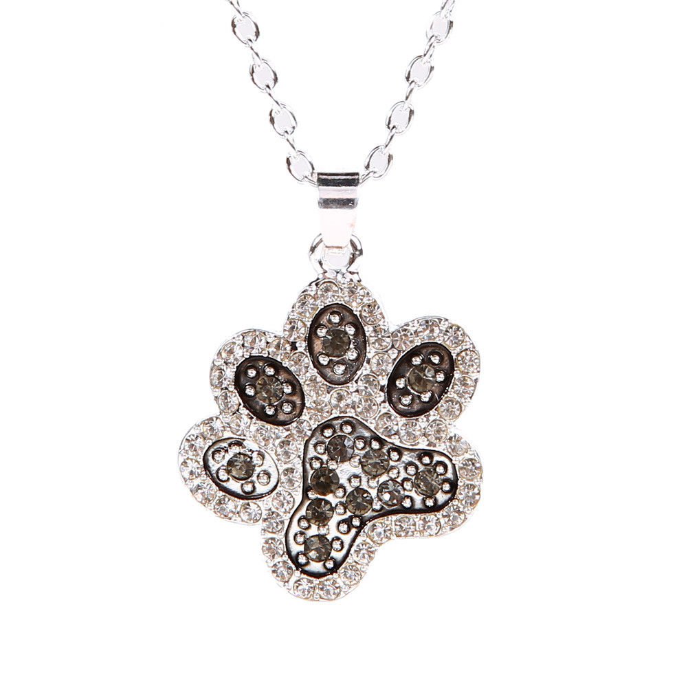 Paw Print Rhinestone Black White Pendant Silver Necklace Pet Dog Pawprint Cat Jewelry