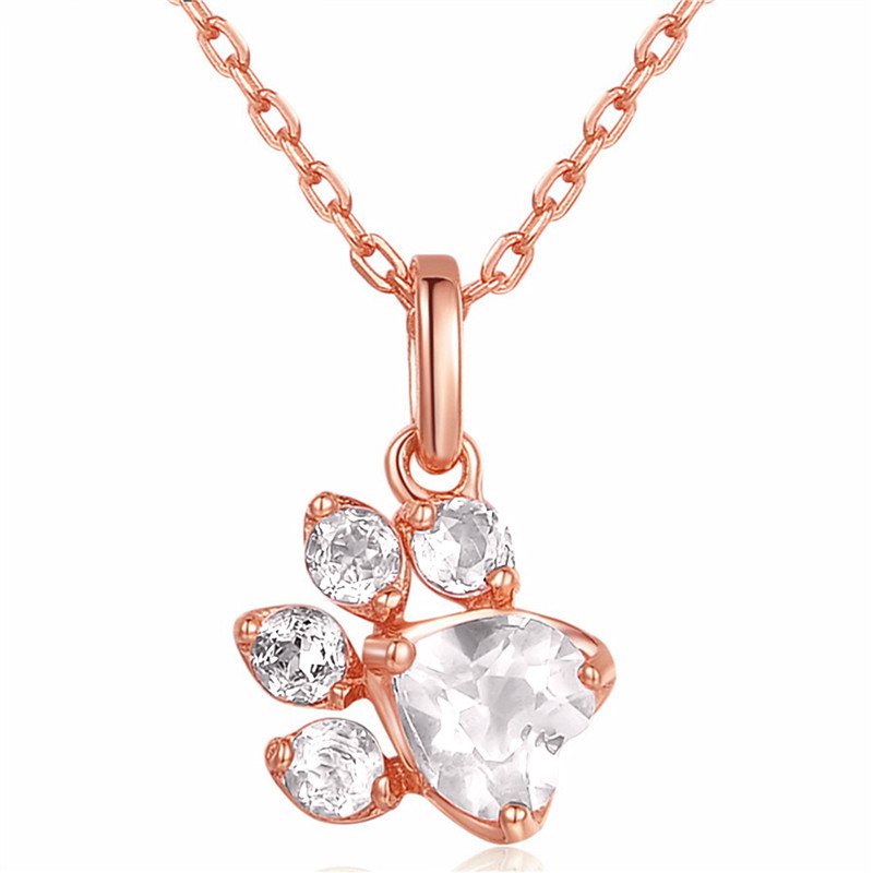 Rose Gold White Rhinestones Paw Print Claw Pendant Chain Necklace Pet Dog Cat Animal Fashion Jewelry