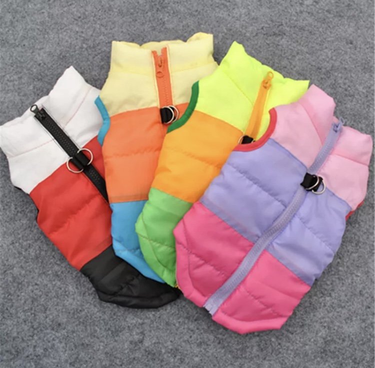 Waterproof Padded Color Pet Vest XS-L Color Block Warm Jacket Puppy Dog Coat Key Ring Outdoor Walk