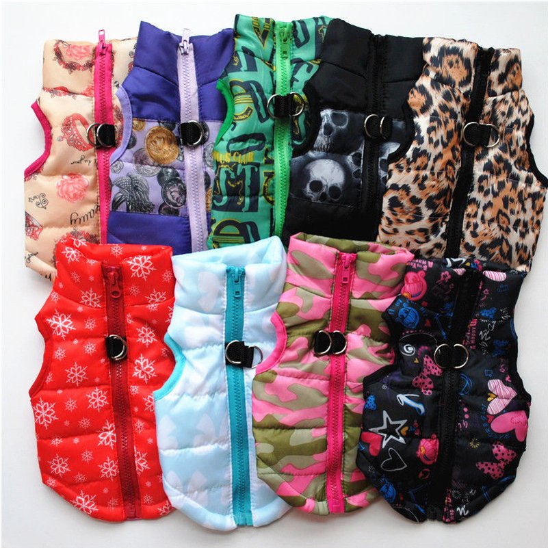 Padded Print Color Pet Vest XS-L Waterproof Warm Jacket Puppy Dog Design Coat Key Ring Outdoor Walk