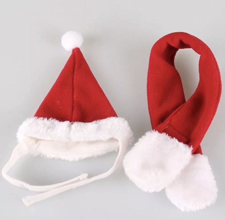 Santa Hat Scarf Set Christmas Plush Pet Puppy Dog Kitten Cat Winter Holiday Accessories