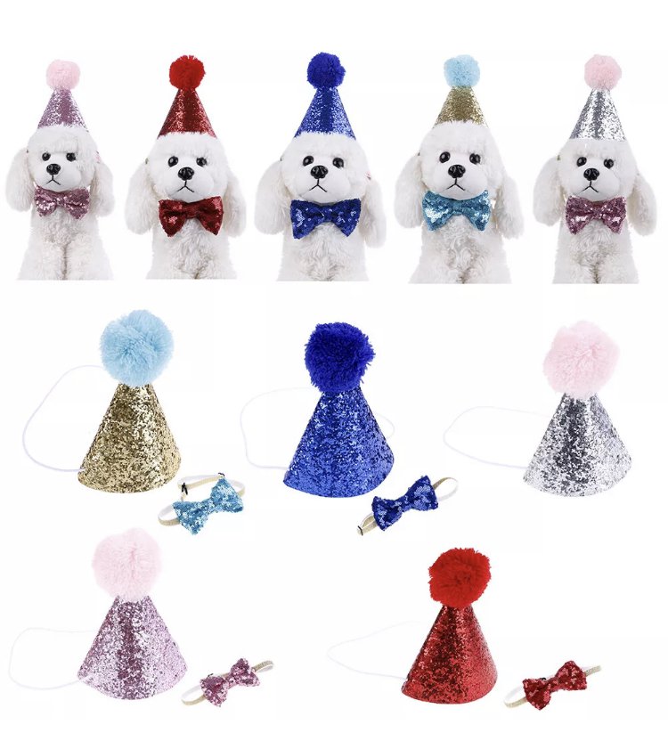 3D Pet Birthday Hat Bow Tie Set Fur Ball Hat Headwear Dog Cat Special Event Party Accessories