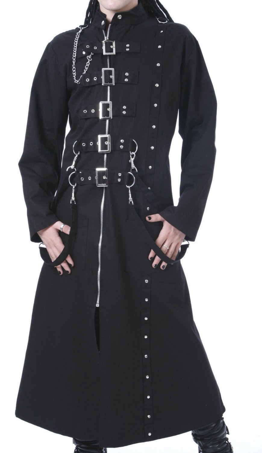 MEN LONG BLACK BUCKLE ZIPS CHAINS STRAPS TRENCH COAT GOTHIC HANDMADE