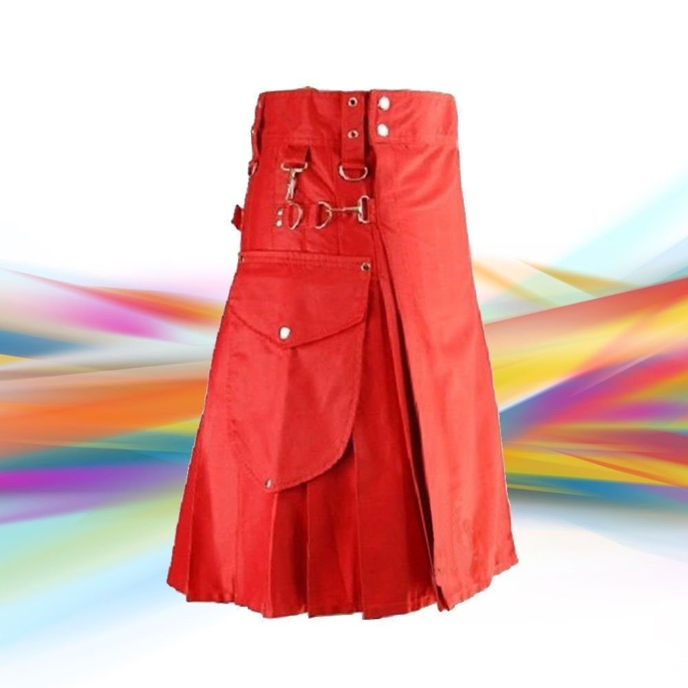New Men Scottish Red Color Fashionable Utility Kilt For Men's 100% Cotton