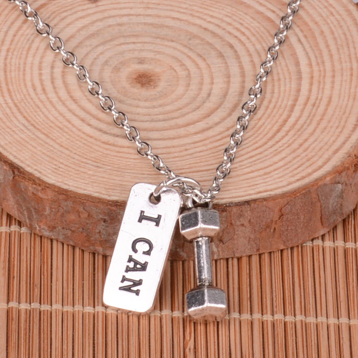 I Can & Dumbbell Necklace Charms Chain Fitness Gym Weightlifting