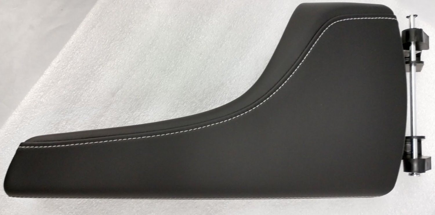 Camaro 2016-20 black leather center console lid with white/gray stitching. OEM