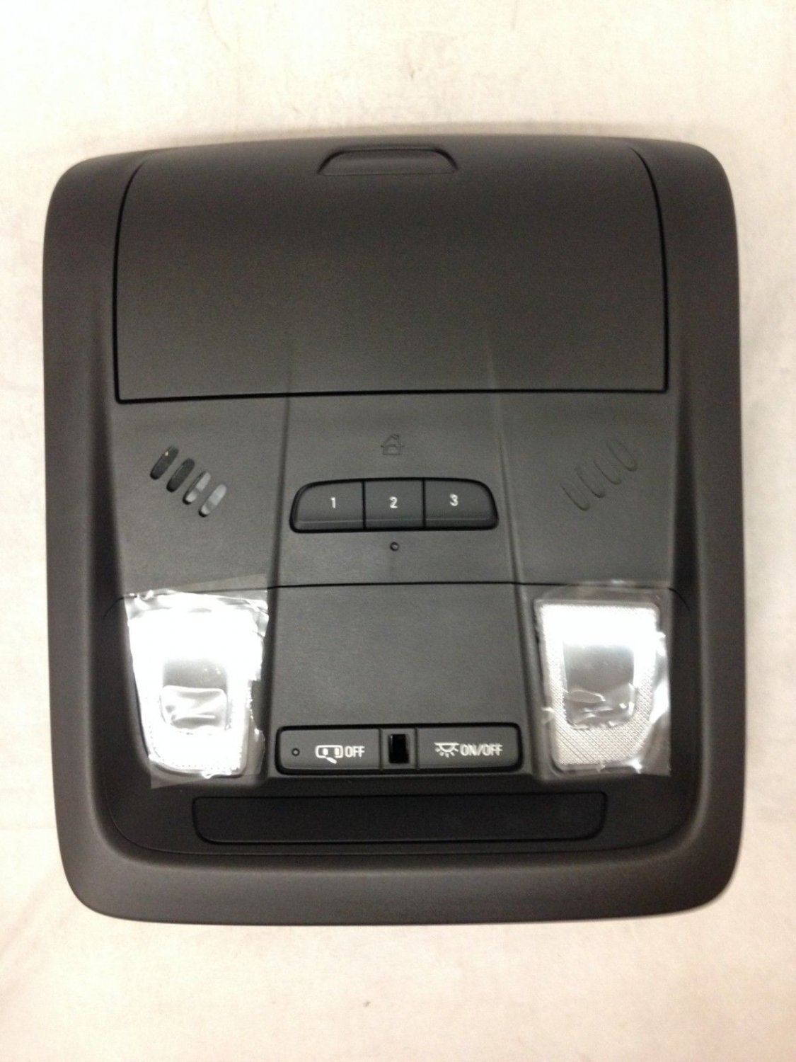 Acadia overhead console w/ HomeLink garage door opener, storage. Jet Black
