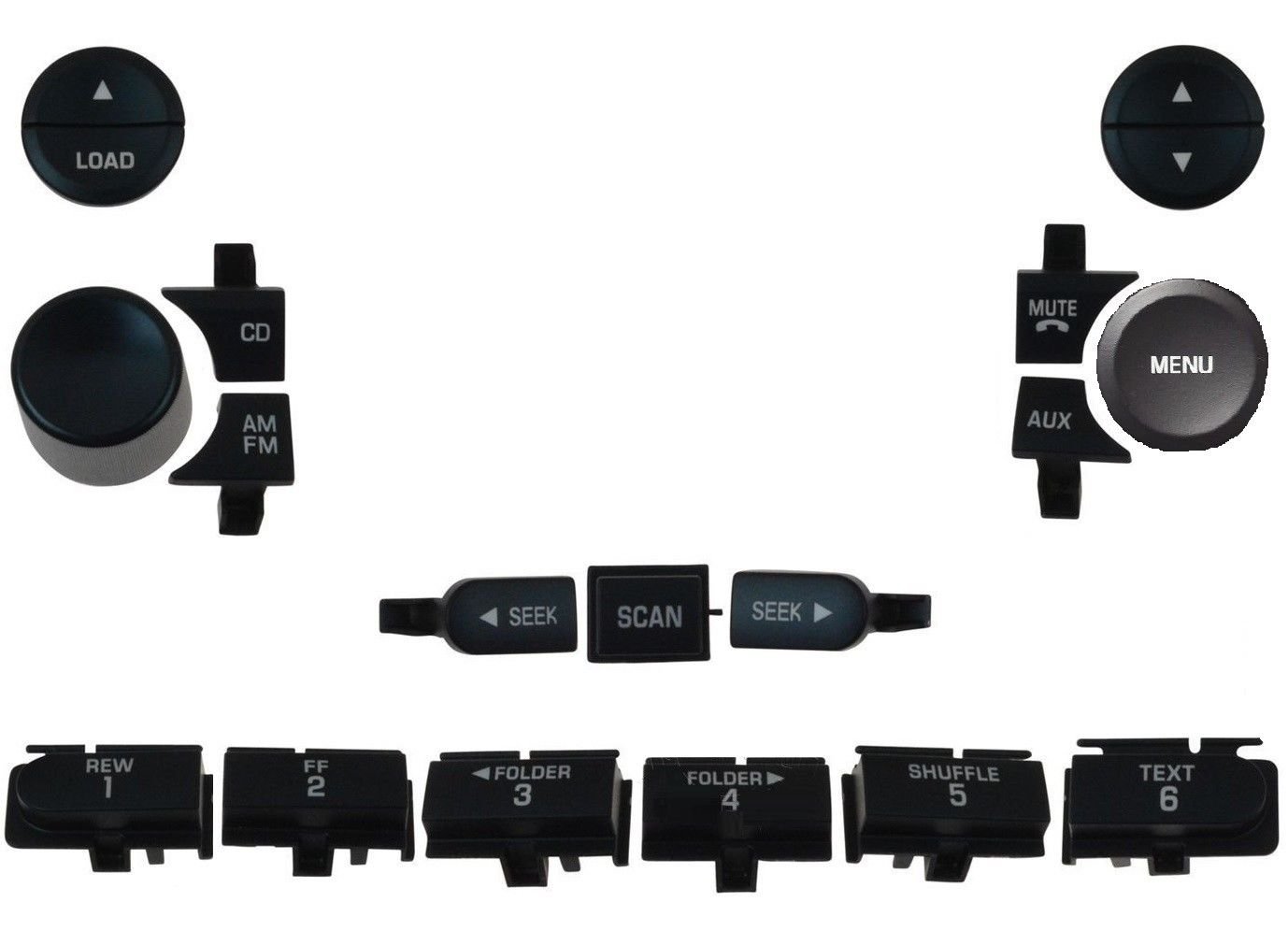 Ford Mercury CD6 radio button knob set. OEM replacement parts.Are yours worn?
