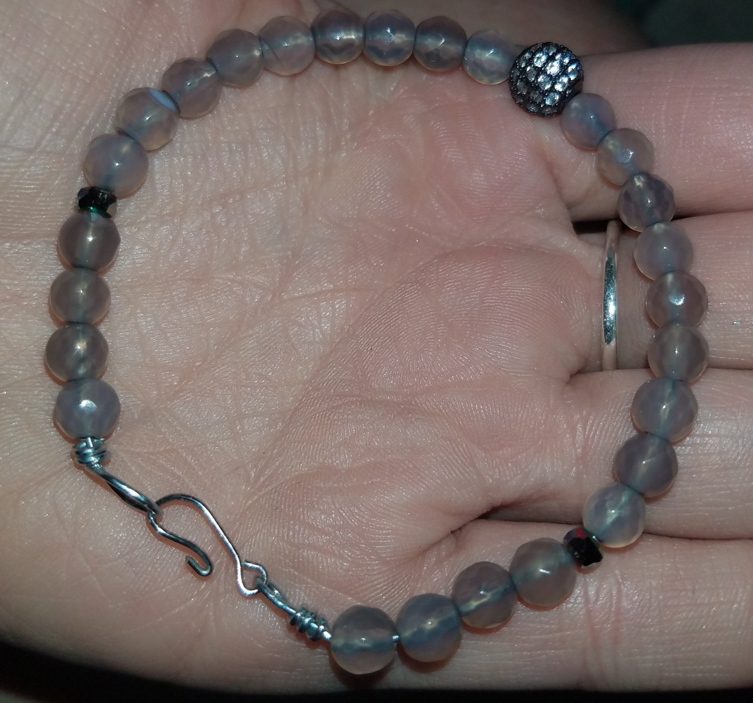 Grey Agate Beaded Bracelet With Cubic Zirconia