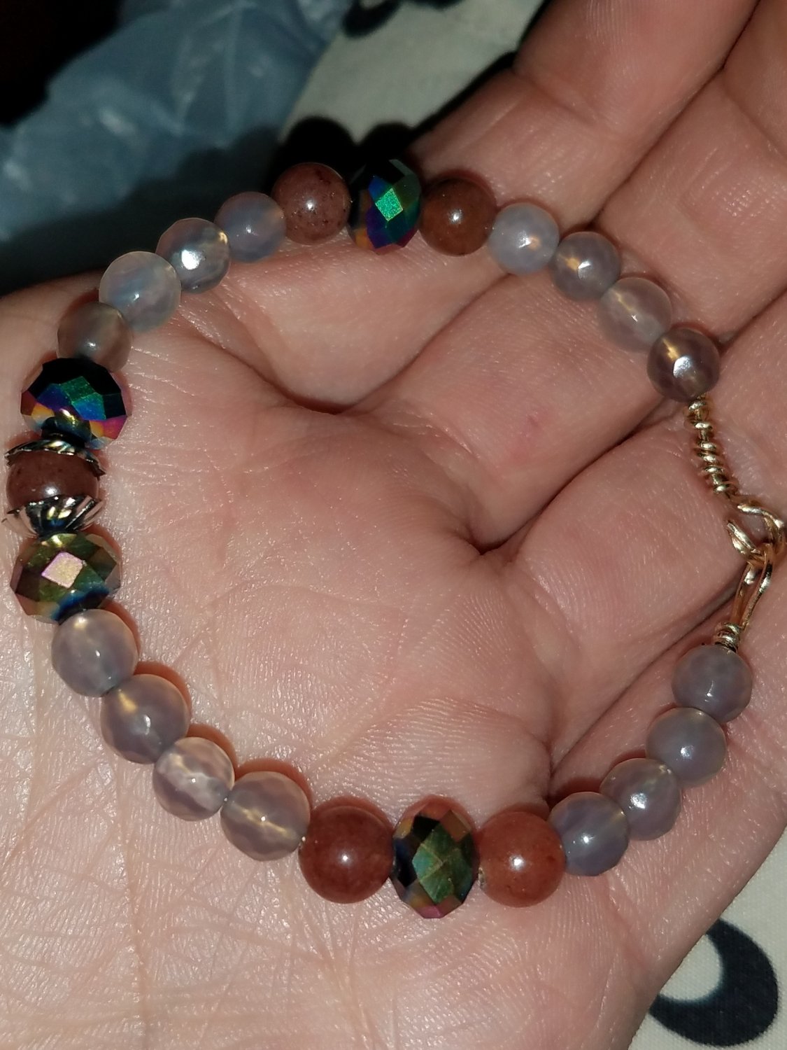 Gray Agate & Purple Aventurine Bracelet With Austrian Crystal