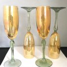Set 4 Colony Glass BIJOUX Champagne Wine Flutes Iridescent Amber Bowl Green Stem