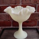 Vintage Fenton Persian Medallion  Glass Yellow Satin Pedestal Candy Bowl Ruffle