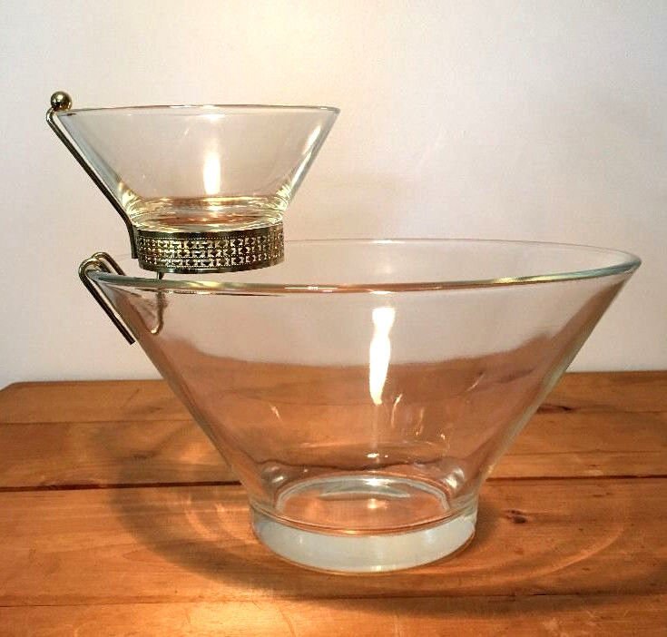 Anchor Hocking Chip Dip Set Sparkling Crystal Clear Bowl Glass/Brass Clip/NOS