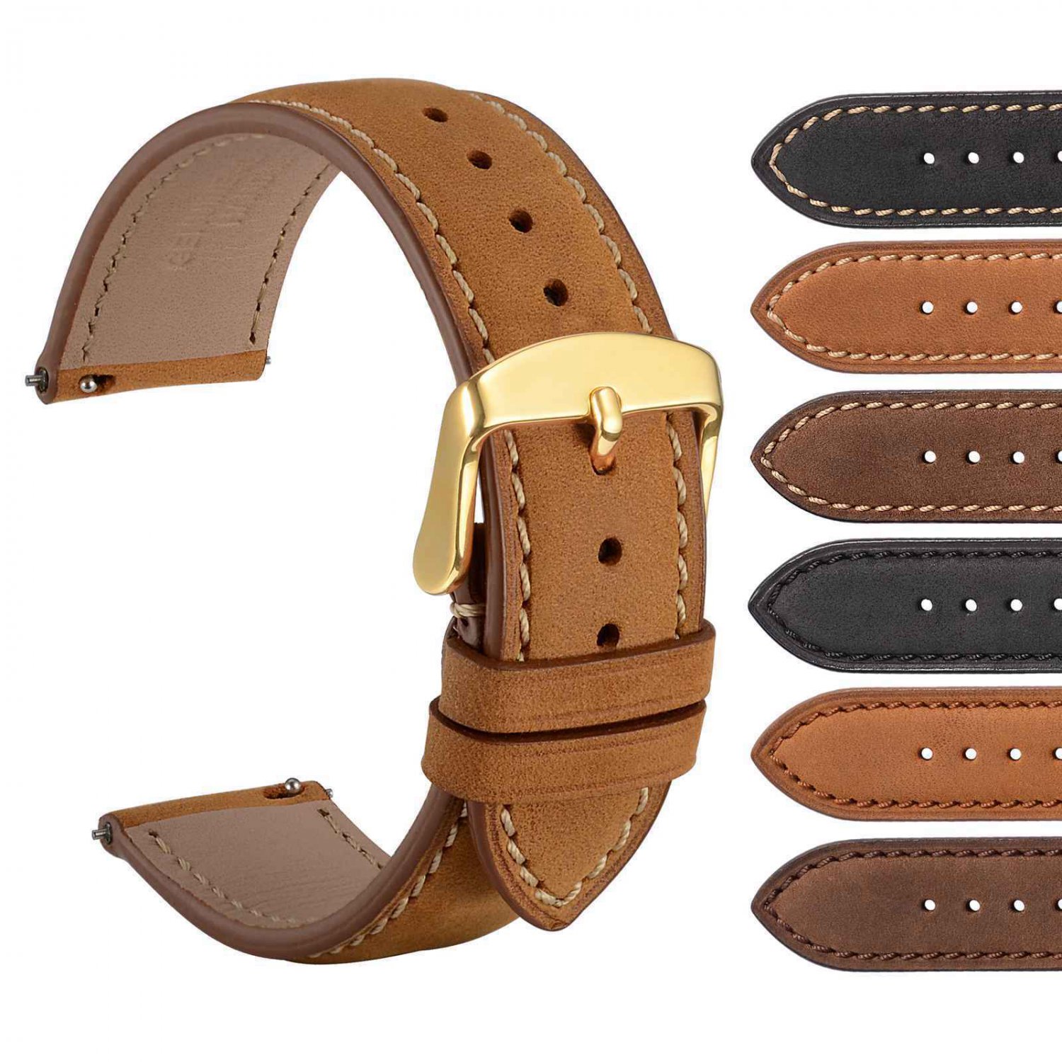 WOCCI Quick Release 18mm 20mm 22mm Suede Vintage Leather Watch Band Gold Buckle