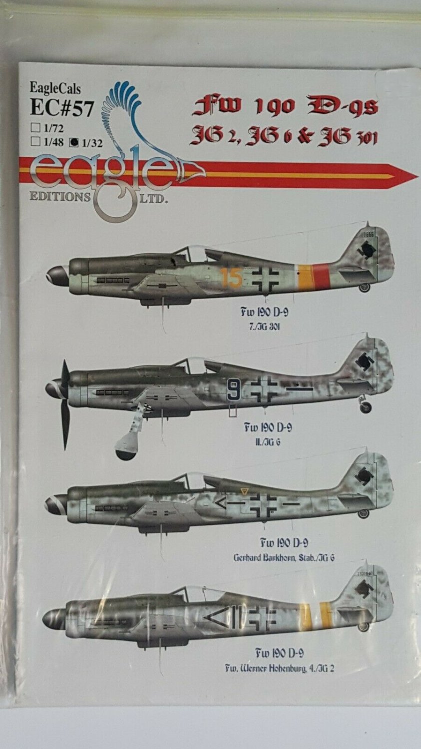 1/32 Focke Wulf FW-190 D-9 of JG2 JG6 JG301by EagleCals Decals EC#57 OOP