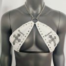Gothic White Vinyl Vampira Cross Sexy Top Bra with Chain