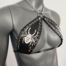 Gothic White Spider Print Black Vinyl Vampira Cross Top Bra