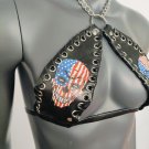 Gothic Stars and Stripes Skull Print Black Vinyl Vampira Cross Top Bra