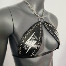 Gothic White Lightning Print Black Vinyl Vampira Cross Top Bra