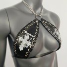 Gothic White Cross Print Black Vinyl Vampira Cross Top Bra