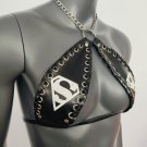 Gothic White Superman Print Black Vinyl Vampira Cross Top Bra