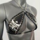 Gothic White Bull Head Skull Print Black Vinyl Vampira Cross Top Bra