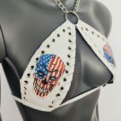 Gothic Stars and Stripes Skull Print White Vinyl Vampira Cross Top Bra