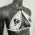 Gothic Black Superman print White Vinyl Vampira Cross Top Bra