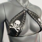 Gothic White Skull Print Black Vinyl Vampira Cross Top Bra