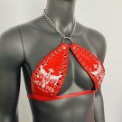 Gothic Bull Head Pattern Red Vinyl Vampira Cross Top Bra