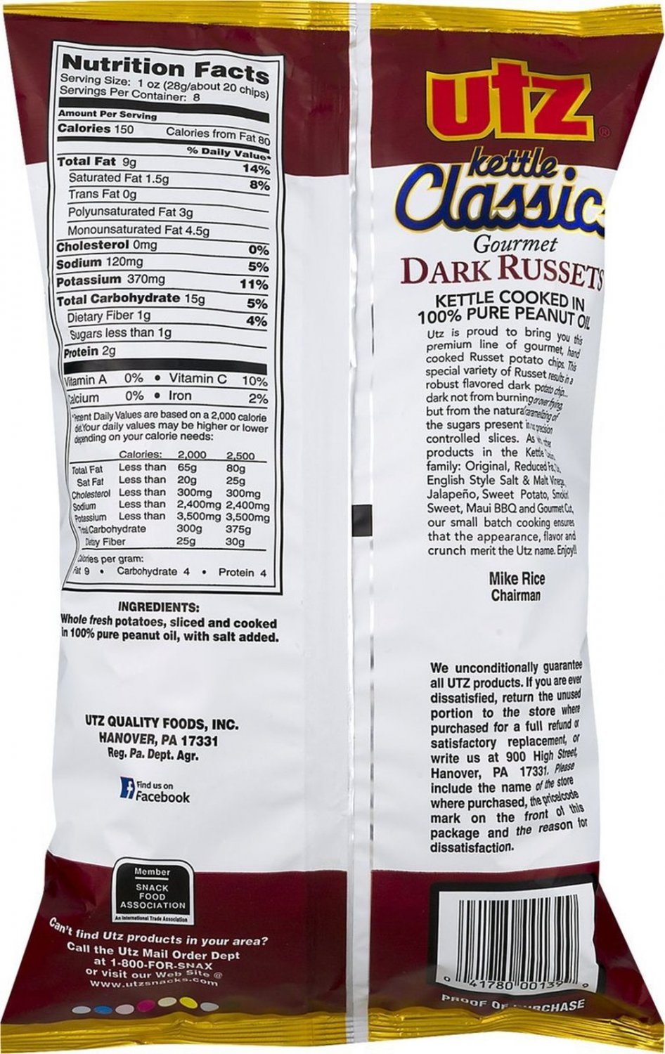 Utz Kettle Classics Gourmet Dark Russets Potato Chips 8 oz. Bag (3 Bags)