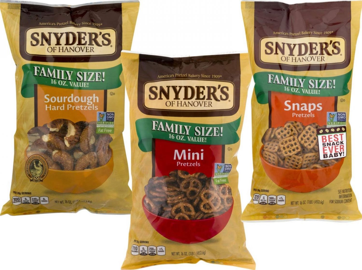 Snyder's of Hanover Family Size Pretzels 16 oz. Bags (Variety, 3 Bags)