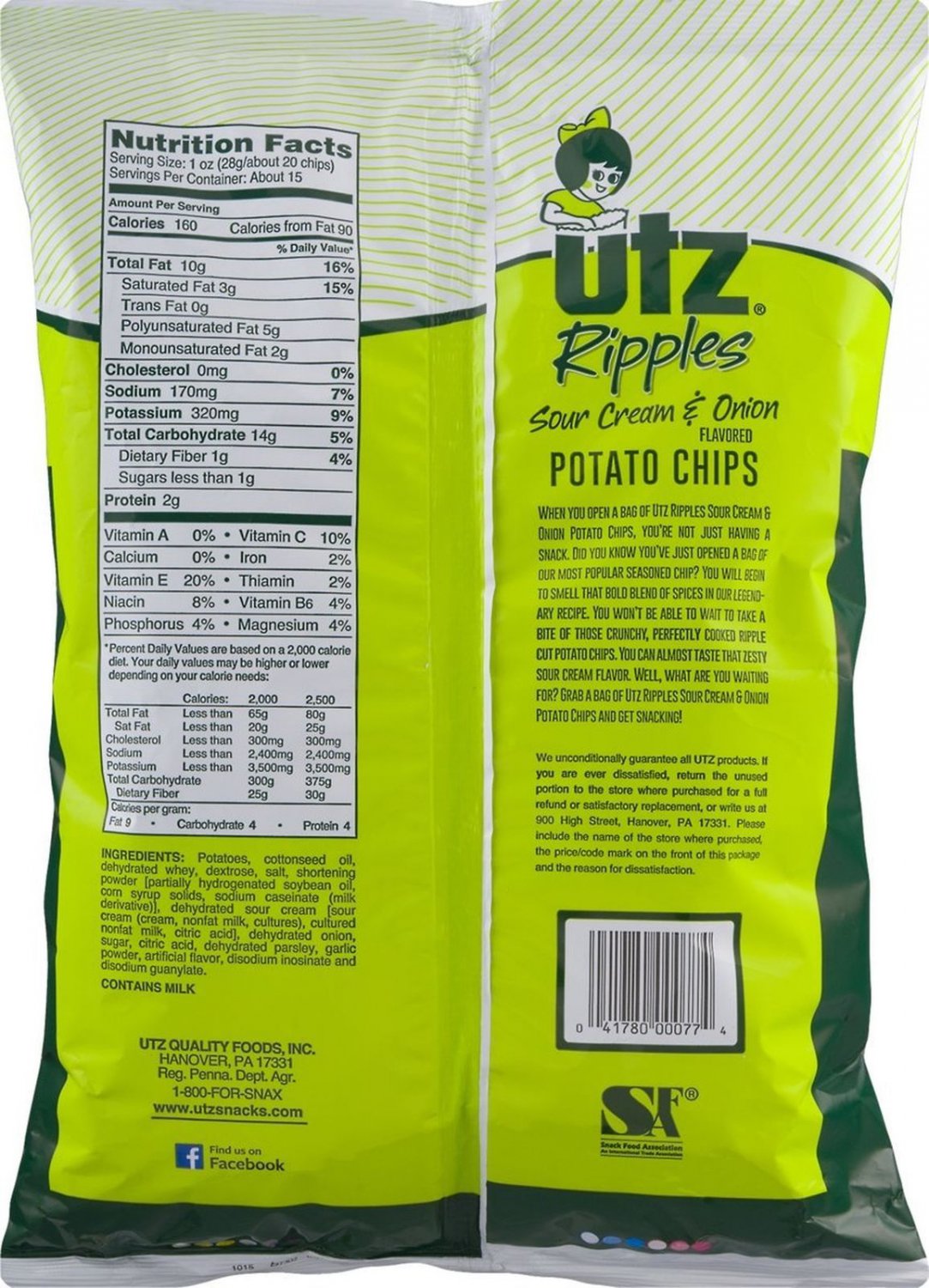 Utz Ripples Sour Cream & Onion Potato Chips in a 14.5 oz. Big Bag (4 Bags)