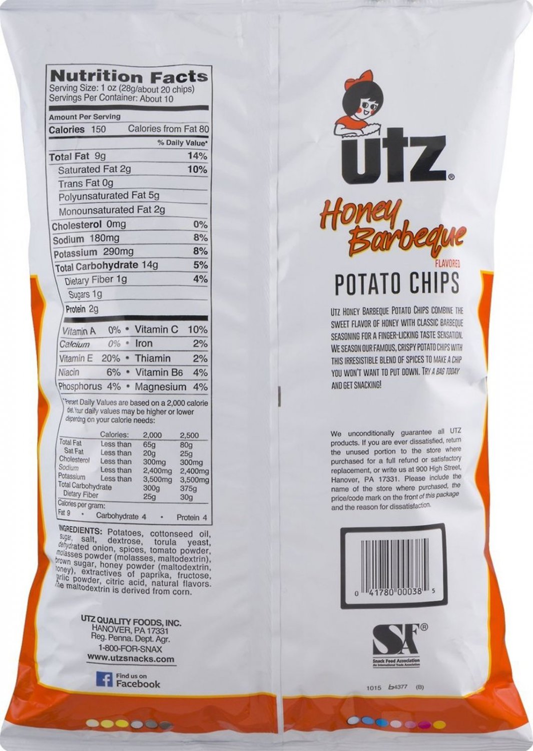 Utz Honey Barbeque Potato Chips 9 oz. Family Size Bag (4 Bags)
