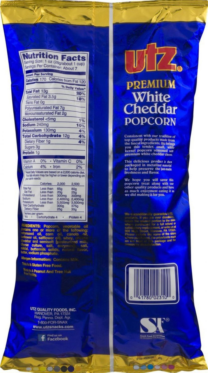 Utz Quality Foods Premium White Cheddar Popcorn 6.5 oz. Bag (4 Bags)