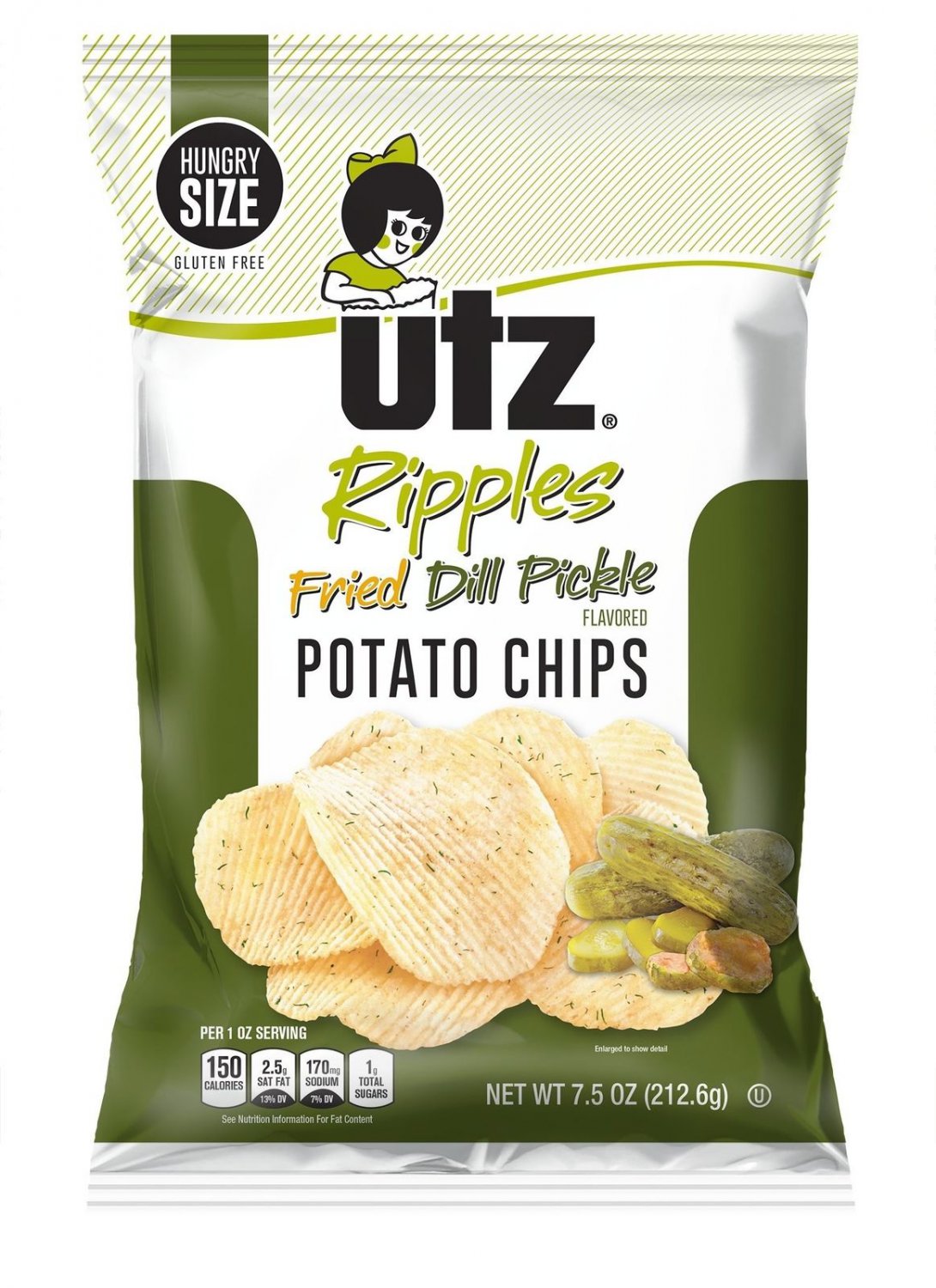 Utz Dill Pickle Flavored Potato Chips 7.5 Ounce Hungry Size Bag (6 Bags)
