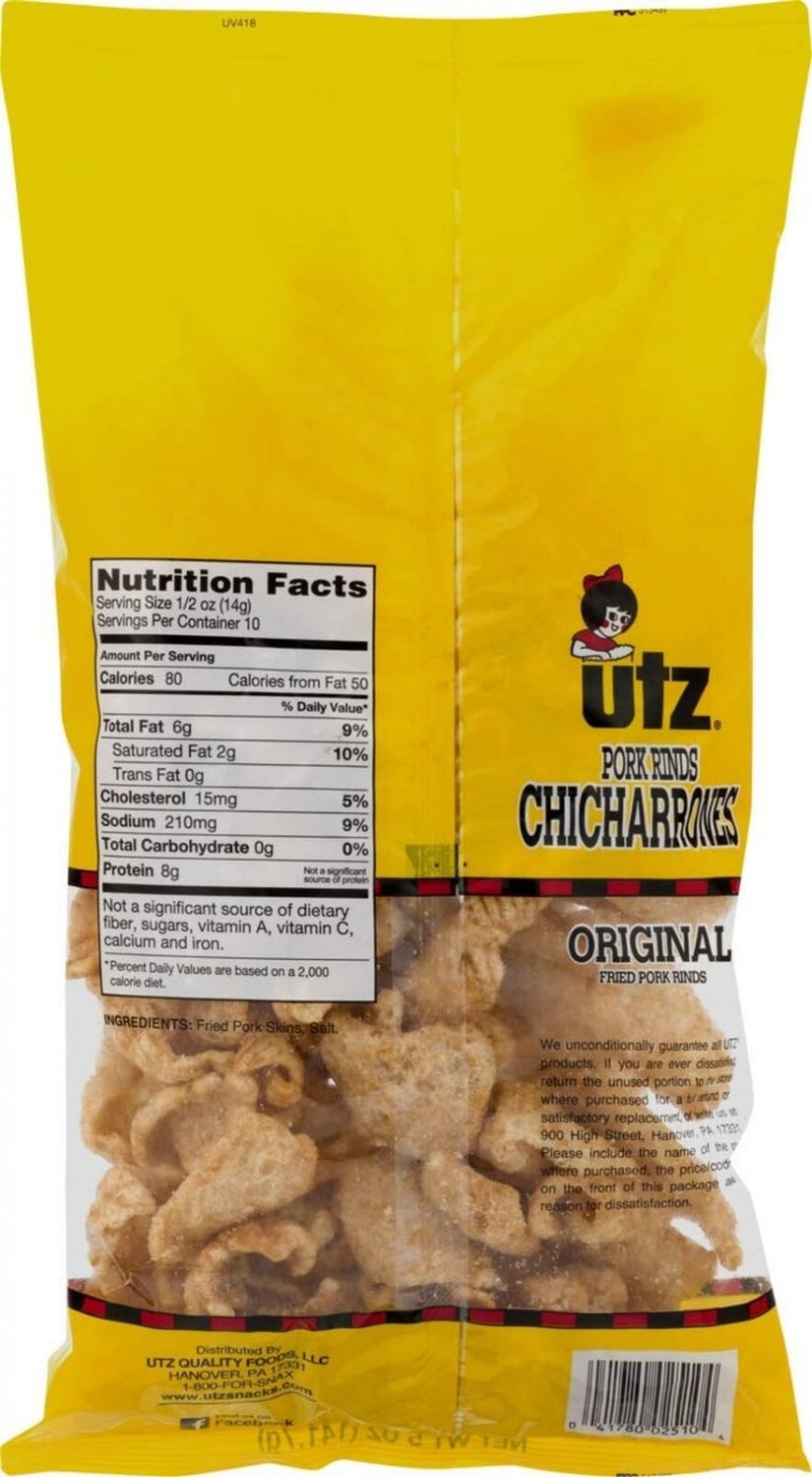 Utz Original Fried Pork Rinds (Chicharrones) 6 5 oz. Bags