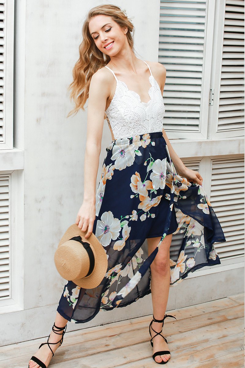 Size L White Lace Chiffon Patchwork V-neck Dress DM1001