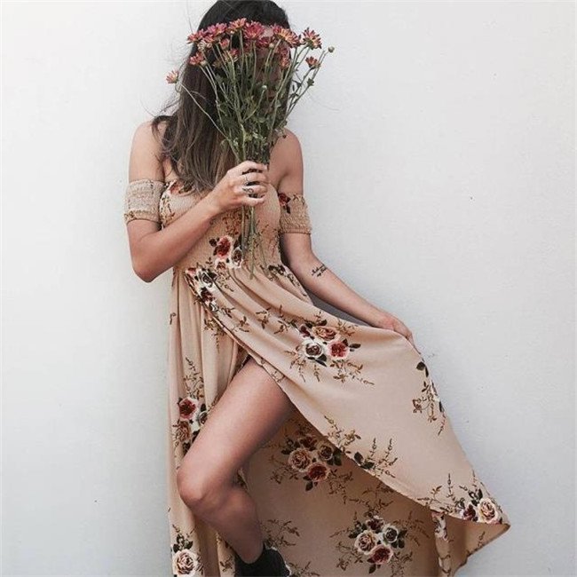 Size M Khaki Slash-neck Floral Printed Summer Beach Dress DM1005