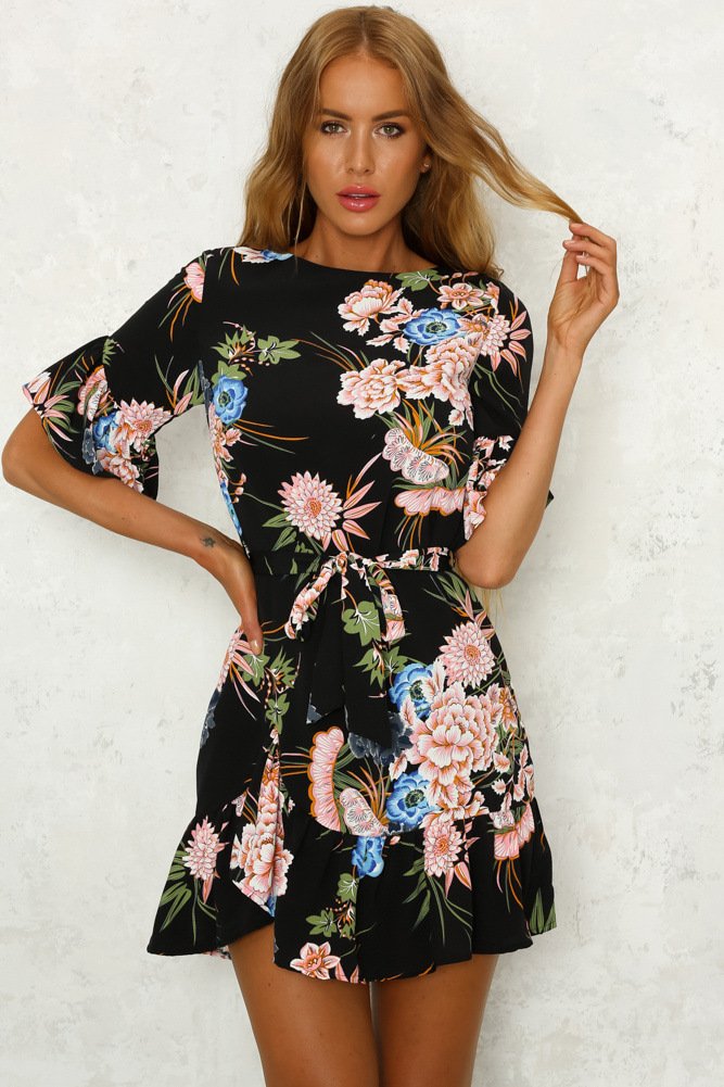Size M Black Tie Floral Ruffle Maxi Dress DM1006