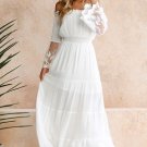 Size S White Lace Women Patchwork Flare Sleeve Long Dress DM1010