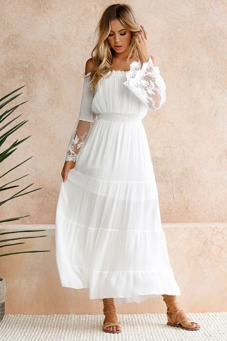 Size M White Lace Women Patchwork Flare Sleeve Long Dress DM1010