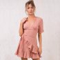 Size 2XL Peach Bohemian V-neck Loose Short Sleeve Mini Dress DM1028
