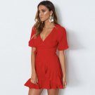 Size L Red Bohemian V-neck Loose Short Sleeve Mini Dress DM1028