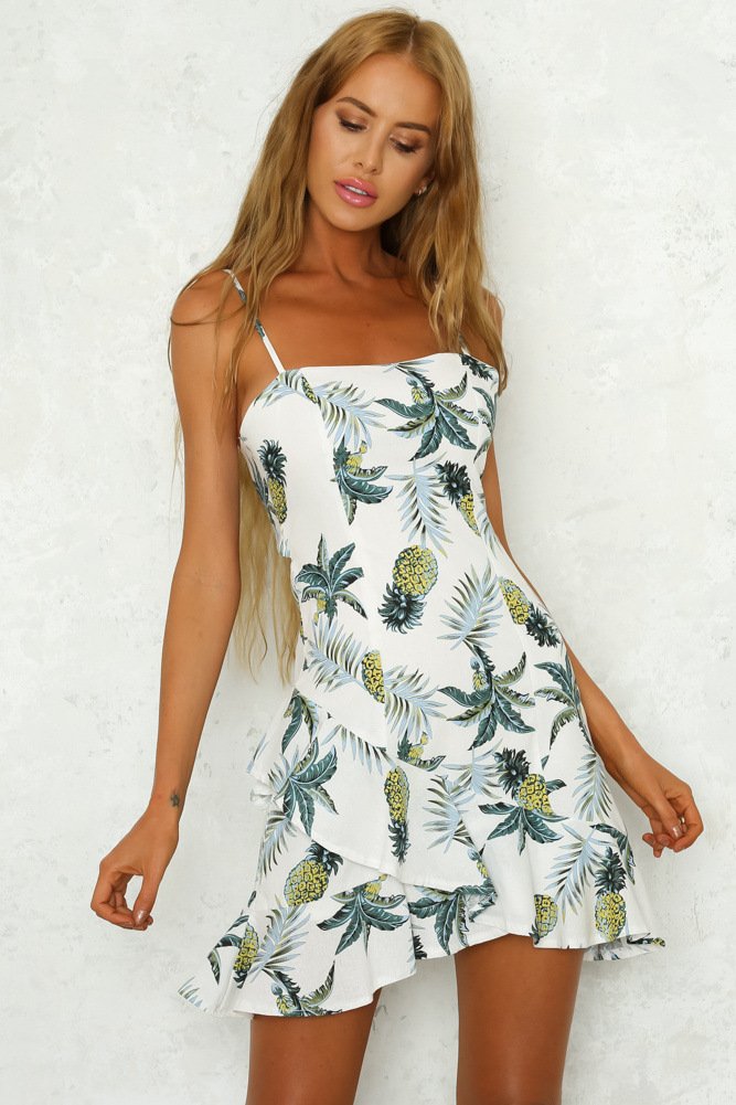 Size S White Pineapple Pattern Sling Ruffle Women Mini Dress DM1067