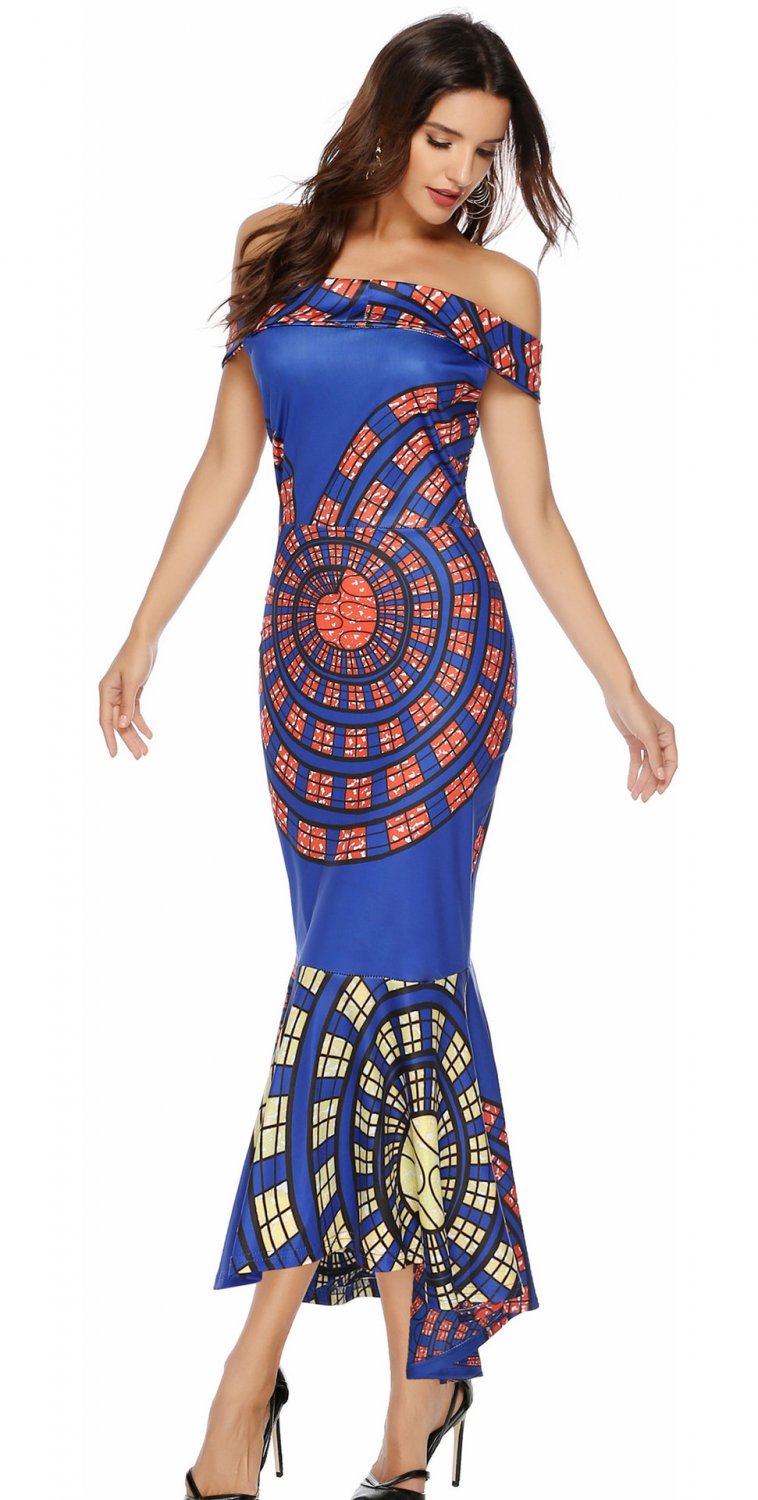 Size XXL Blue Sexy Off Shoulder Floral Printed Fish Tail Dress DM1076