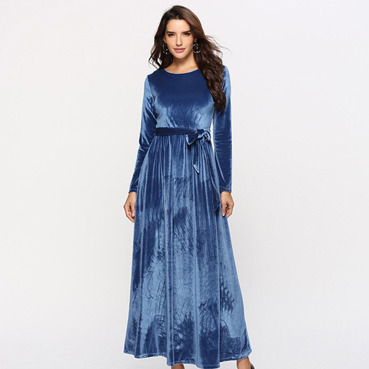 Size S Blue Velvet Long Winter Warm Dress DM1080