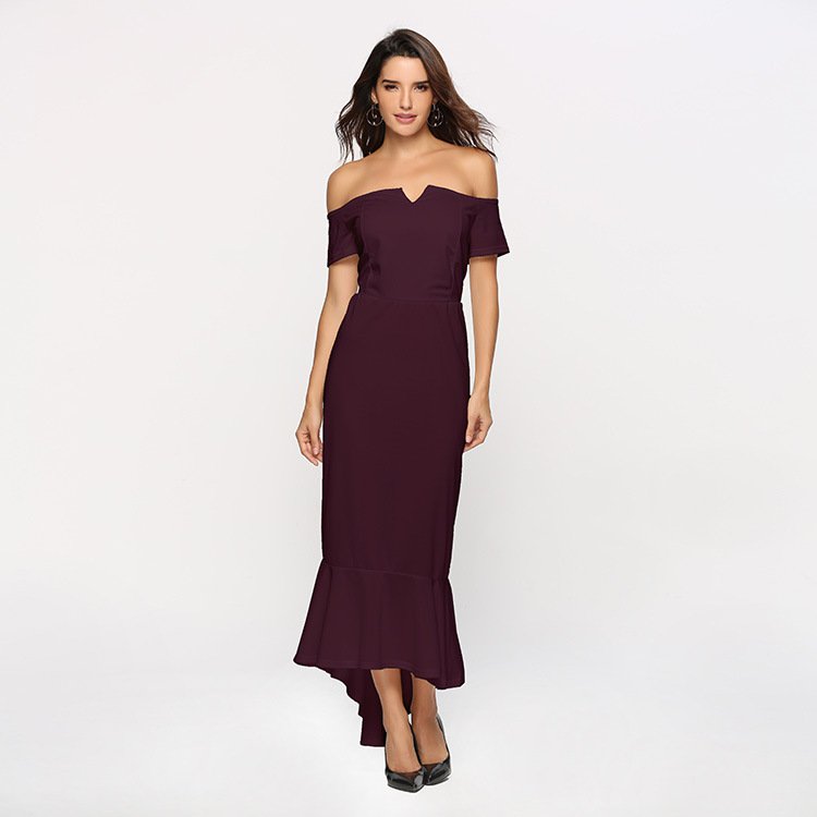 Size M Purple V-neck Off Shoulder Tuxedo Elegant Dress DM1081