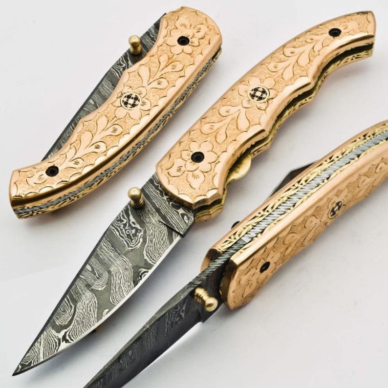 7.5'' Folding Hunter Pocket Knife Custom Hand Made Forged Damascus Steel Bowie Knife