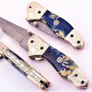 8'' Custom Hand Made Forged Folding Hunter Pocket Knife Damascus Steel Bowie Knife Handle Corian